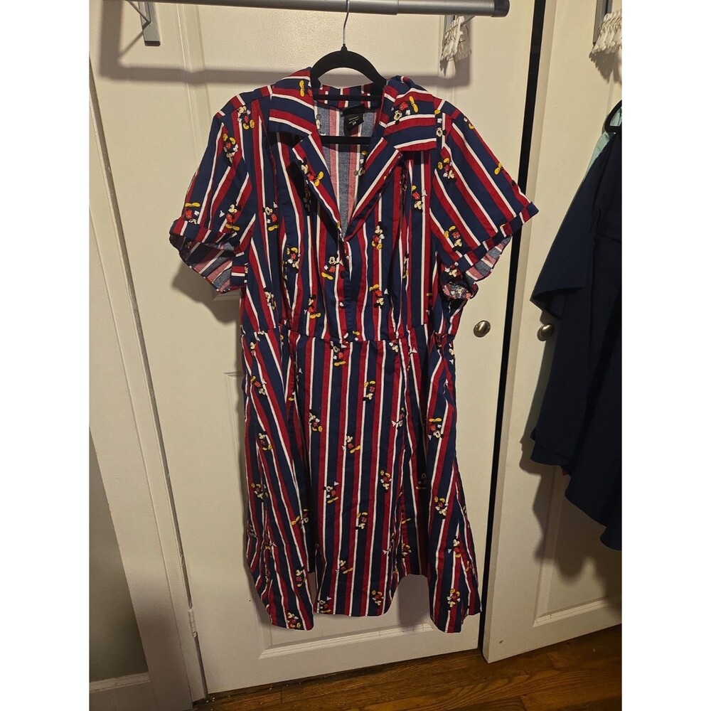 Disney Mickey Mouse Dress Womens 24 Plus Size Red Blue Stripe Midi Button Front